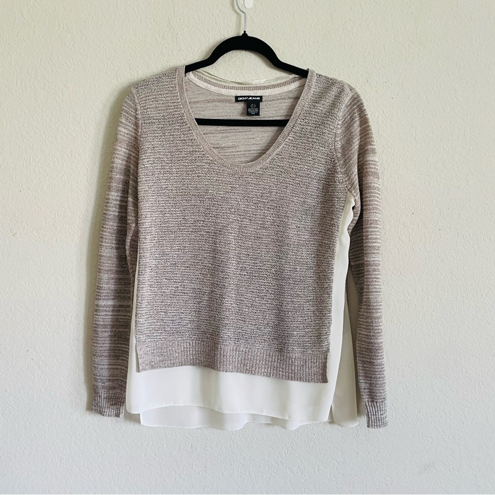 DKNY Jeans woman’s Cream tweed sparkly faux Layered Sweater size S chiffon chic